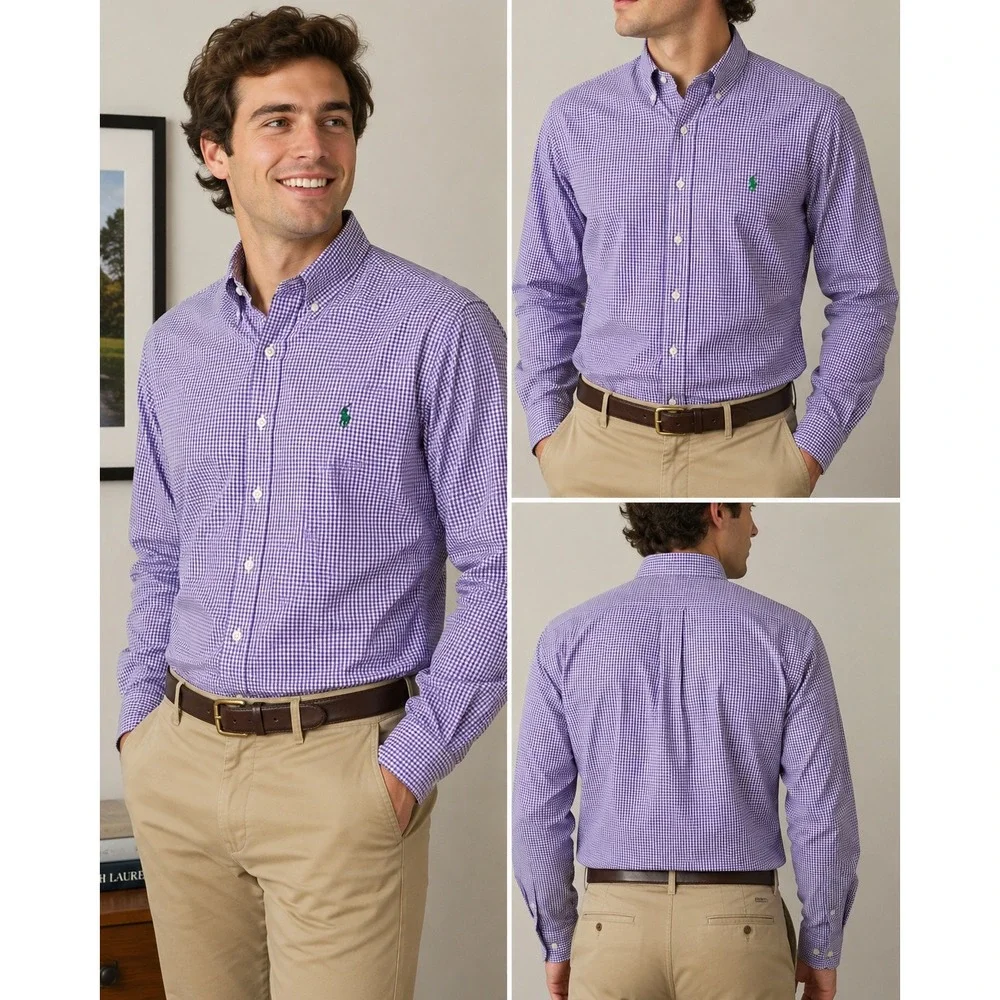 Ralph Lauren Mens Purple Gingham Classic Fit Button Down‎ Shirt 16.5 34/35